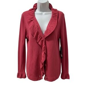Jones New York Merino Wool Ruffle Cardigan Medium Pink Button Front NWT Romantic